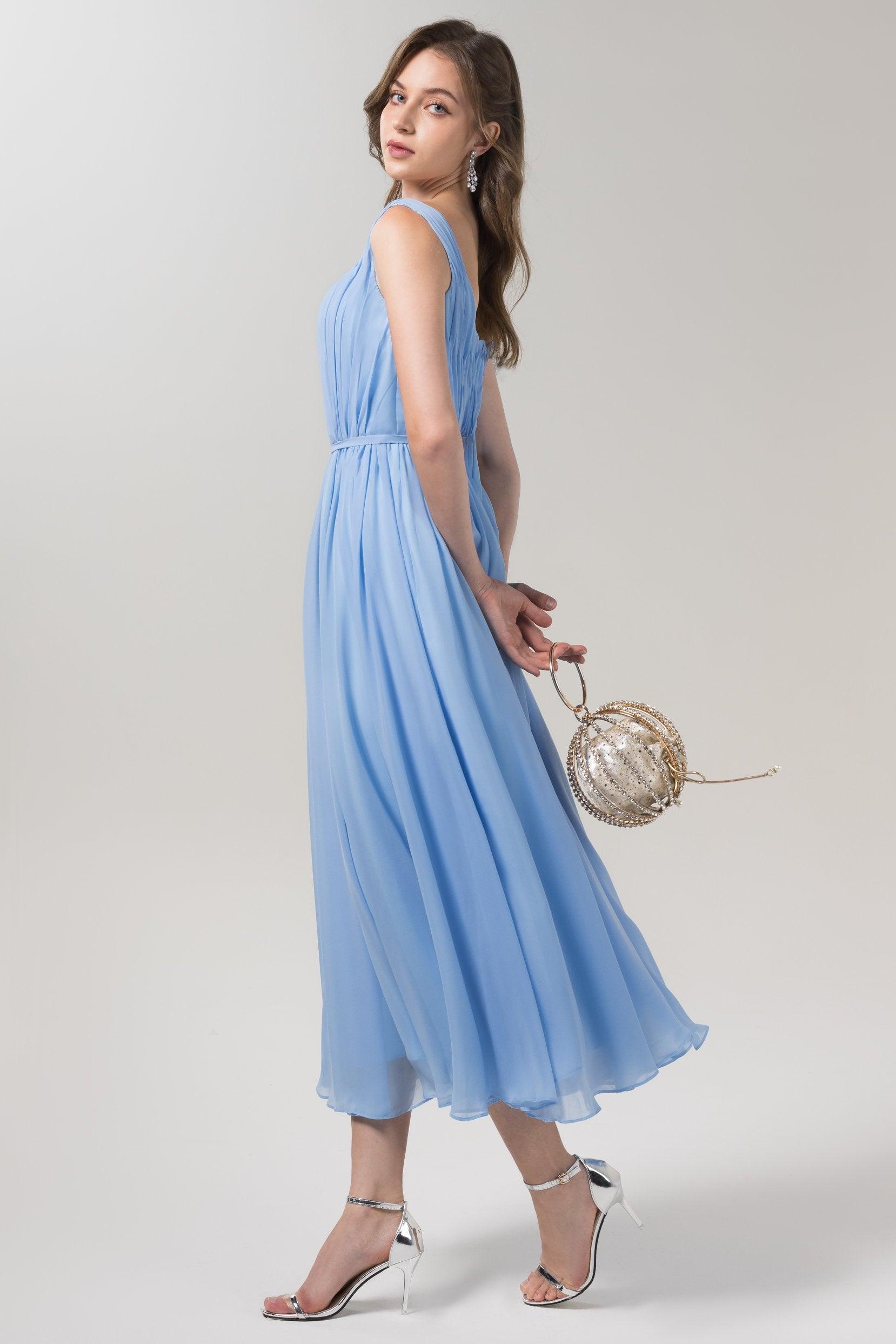 A-Line Tea Length Chiffon Bridesmaid Dress CB0555PS - COCOMELODY