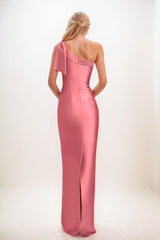 One-Shoulder Bridesmaid Dress with Back Slit in Pink CB0792 - COCOMELODY