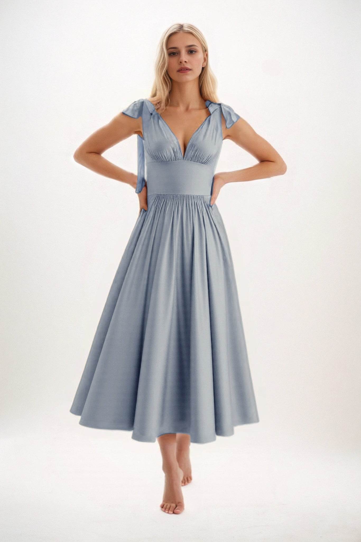 A-Line Midi Luxe Satin Bridesmaid Dress CB0832 - COCOMELODY