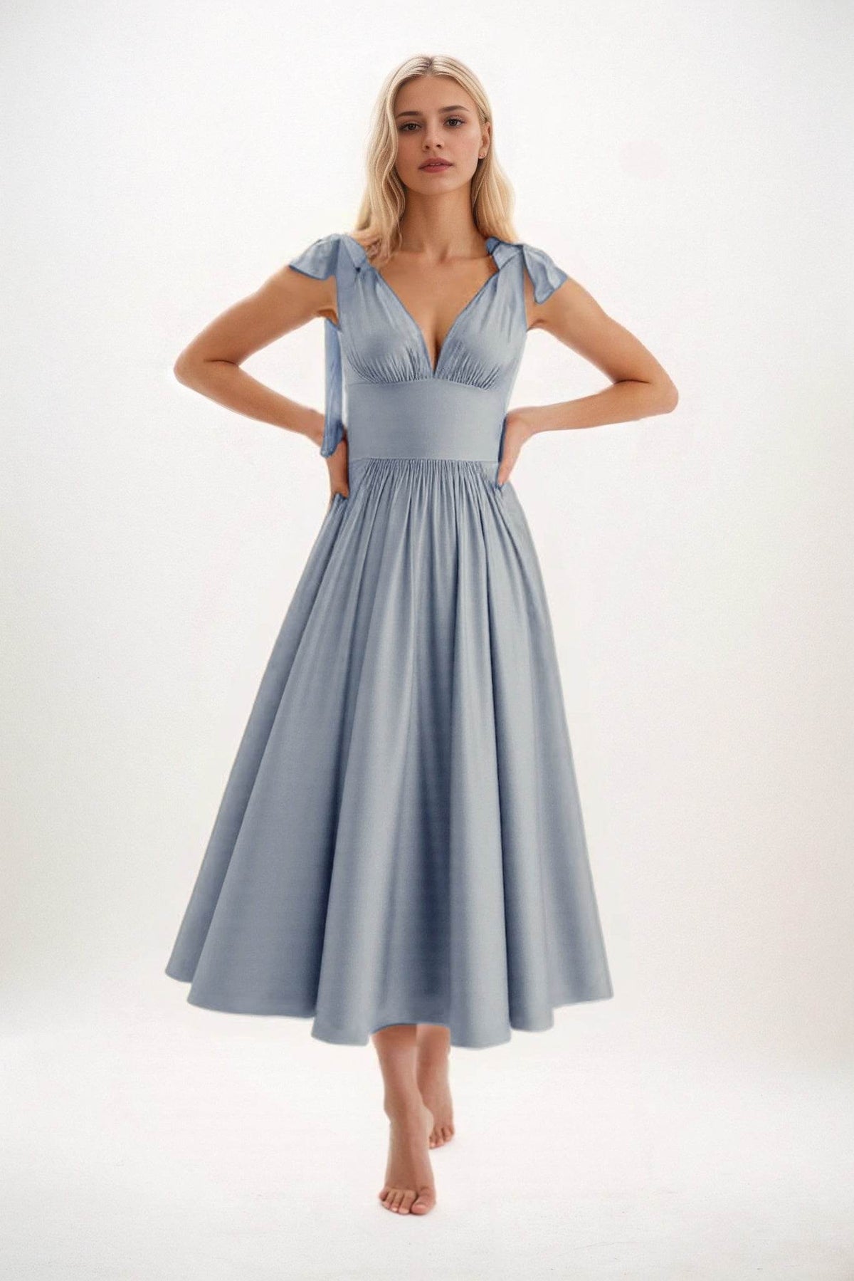 A-Line Midi Luxe Satin Bridesmaid Dress CB0832 - COCOMELODY