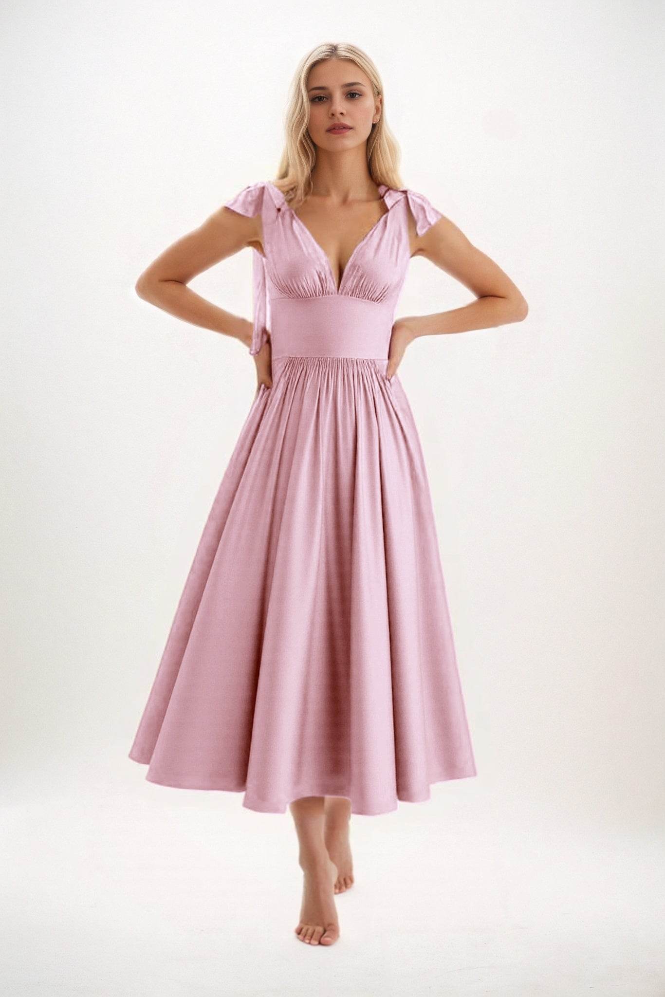 A-Line Midi Luxe Satin Bridesmaid Dress CB0832 - COCOMELODY