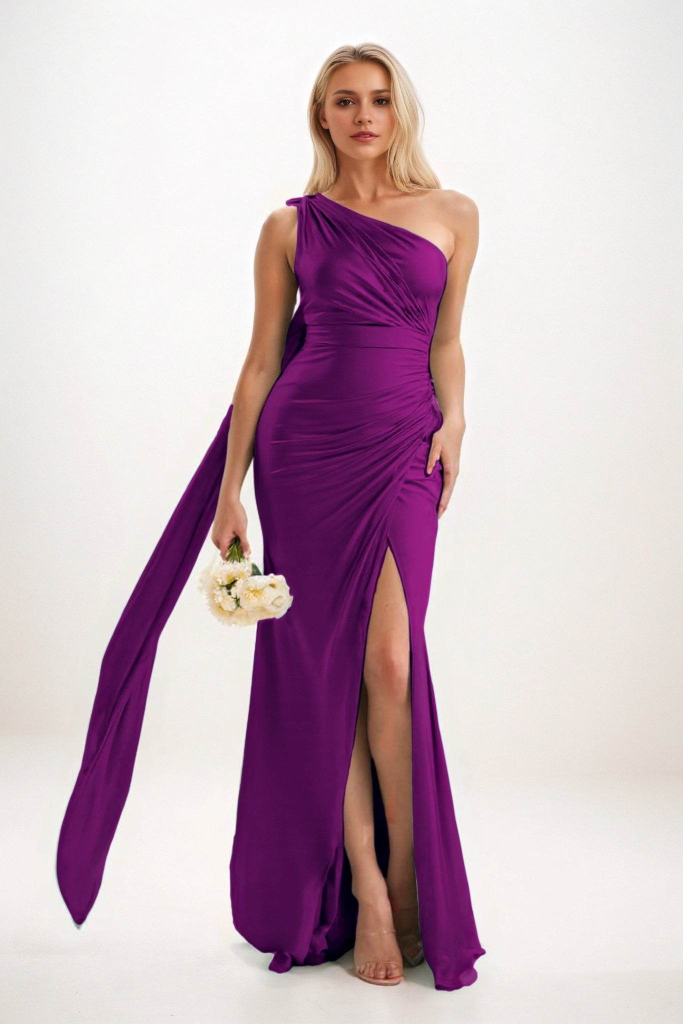 Sheath-Column Sweep-Brush Train Luxe Satin Bridesmaid Dress CB0833 - COCOMELODY