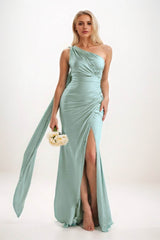 Sheath-Column Sweep-Brush Train Luxe Satin Bridesmaid Dress CB0833 - COCOMELODY