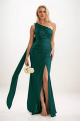 Sheath-Column Sweep-Brush Train Luxe Satin Bridesmaid Dress CB0833 - COCOMELODY