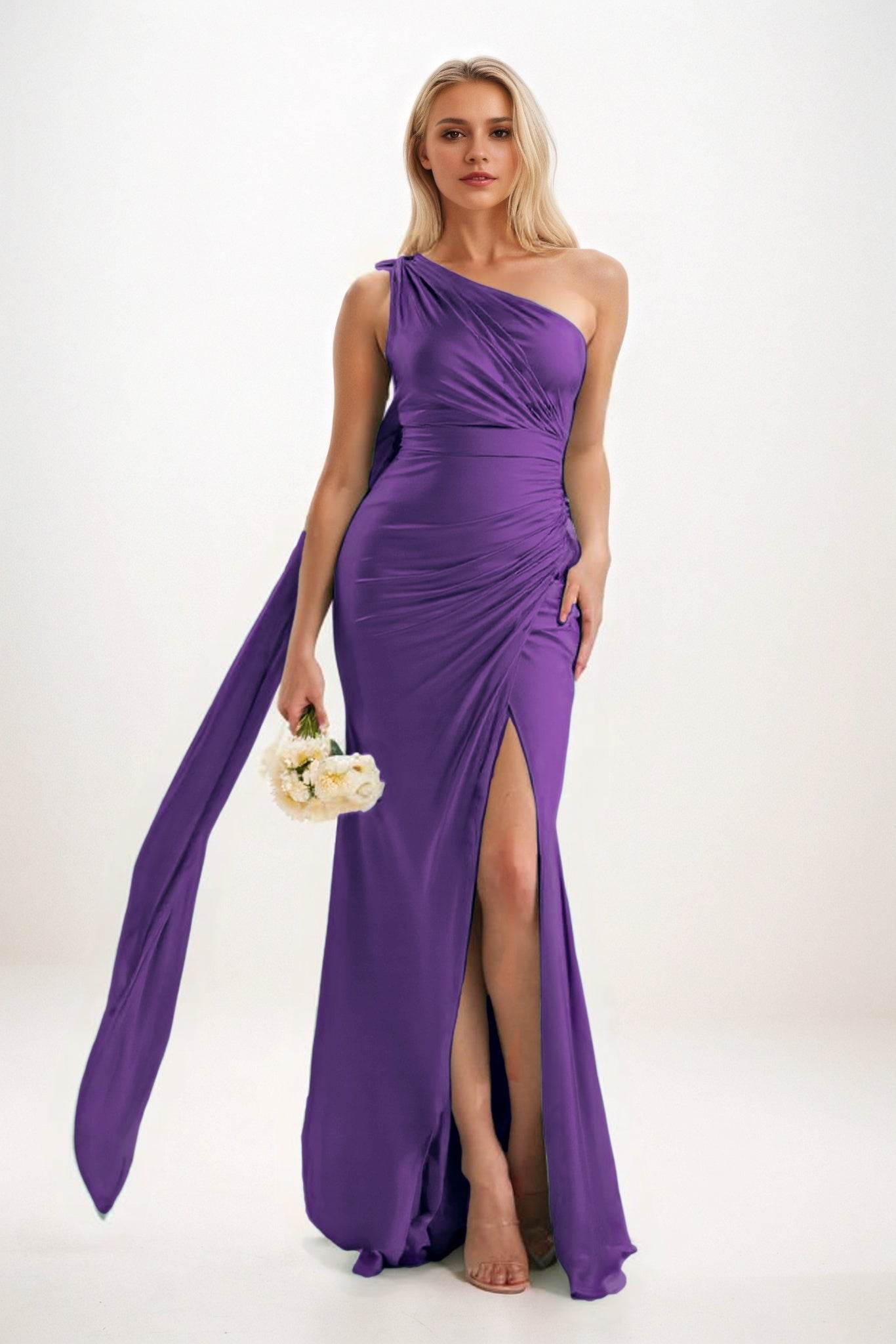 Sheath-Column Sweep-Brush Train Luxe Satin Bridesmaid Dress CB0833 - COCOMELODY