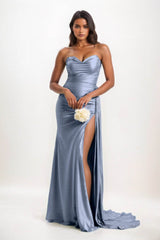 Sheath-Column Court Train Luxe Satin Bridesmaid Dress CB0835 - COCOMELODY