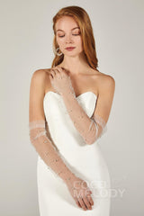 Fingerless Opera Length Tulle Wedding Gloves Pearls CD0054 - COCOMELODY