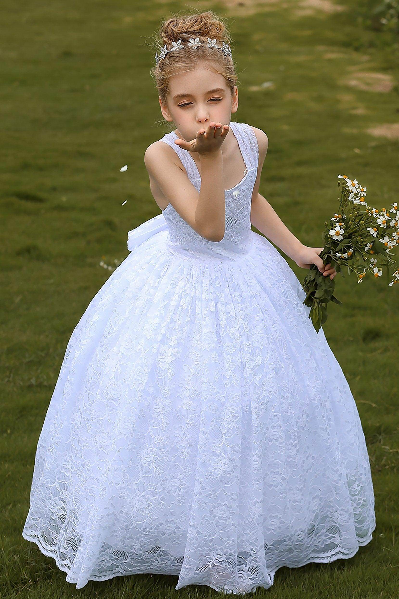 A-Line Floor Length Tulle Lace Flower Girl Dress CF0271 - COCOMELODY
