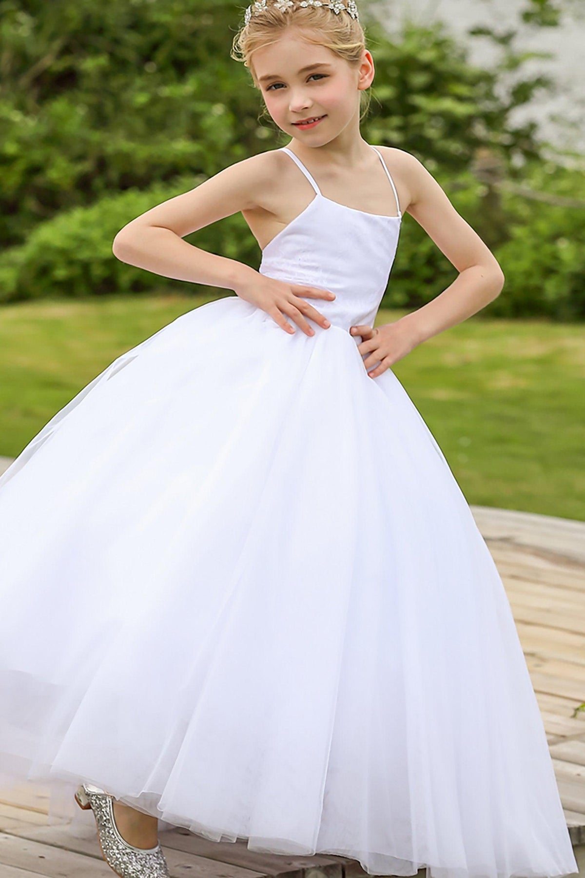 A-Line Floor Length Satin Tulle Flower Girl Dress CF0274 - COCOMELODY