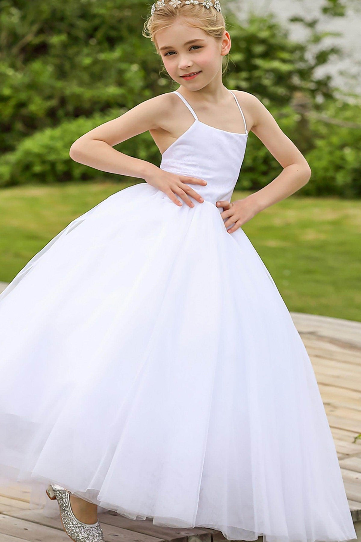 A-Line Floor Length Satin Tulle Flower Girl Dress CF0274 - COCOMELODY
