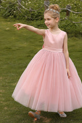 A-Line Tea Length Satin Tulle Flower Girl Dress CF0276 - COCOMELODY