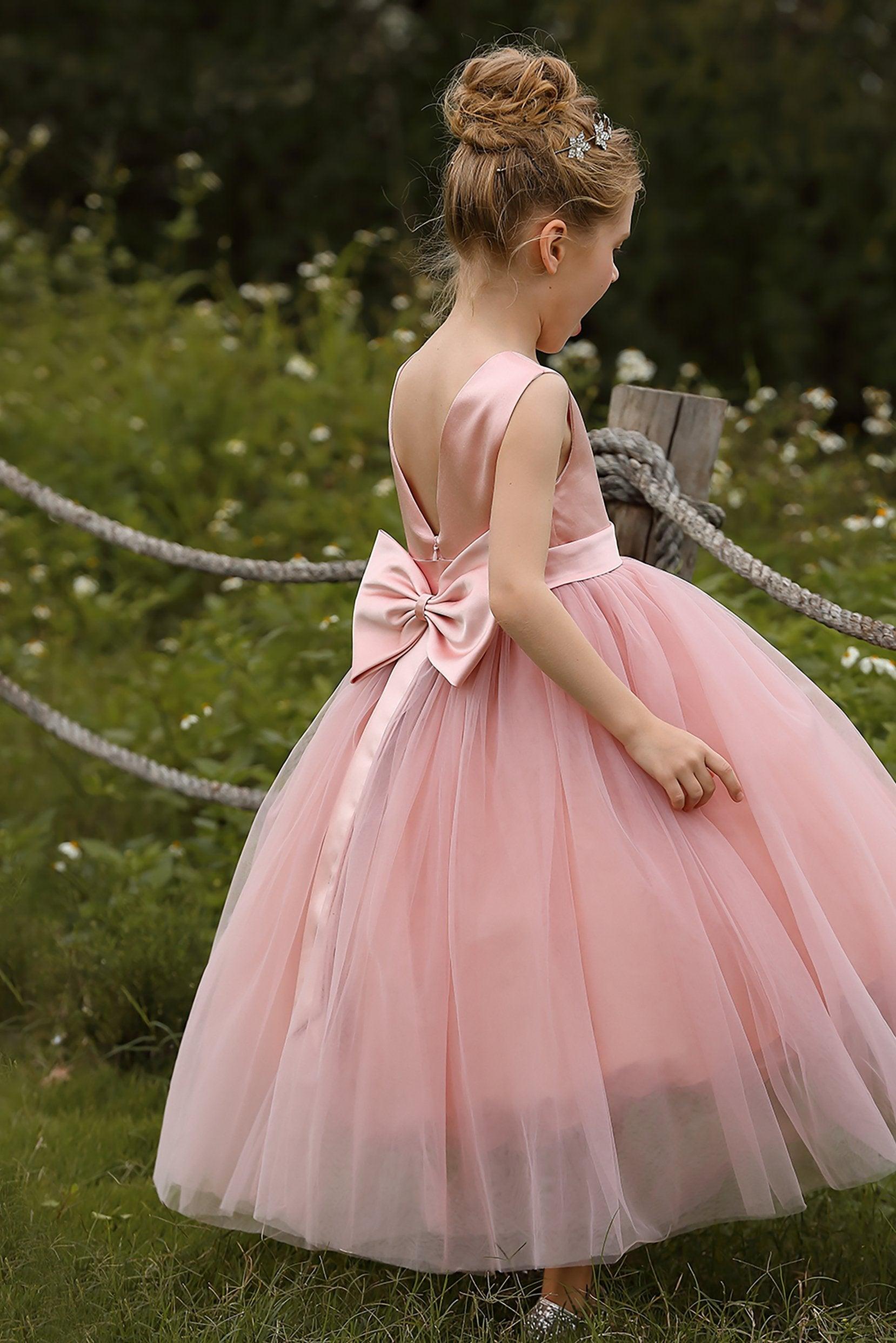 A-Line Tea Length Satin Tulle Flower Girl Dress CF0276 - COCOMELODY