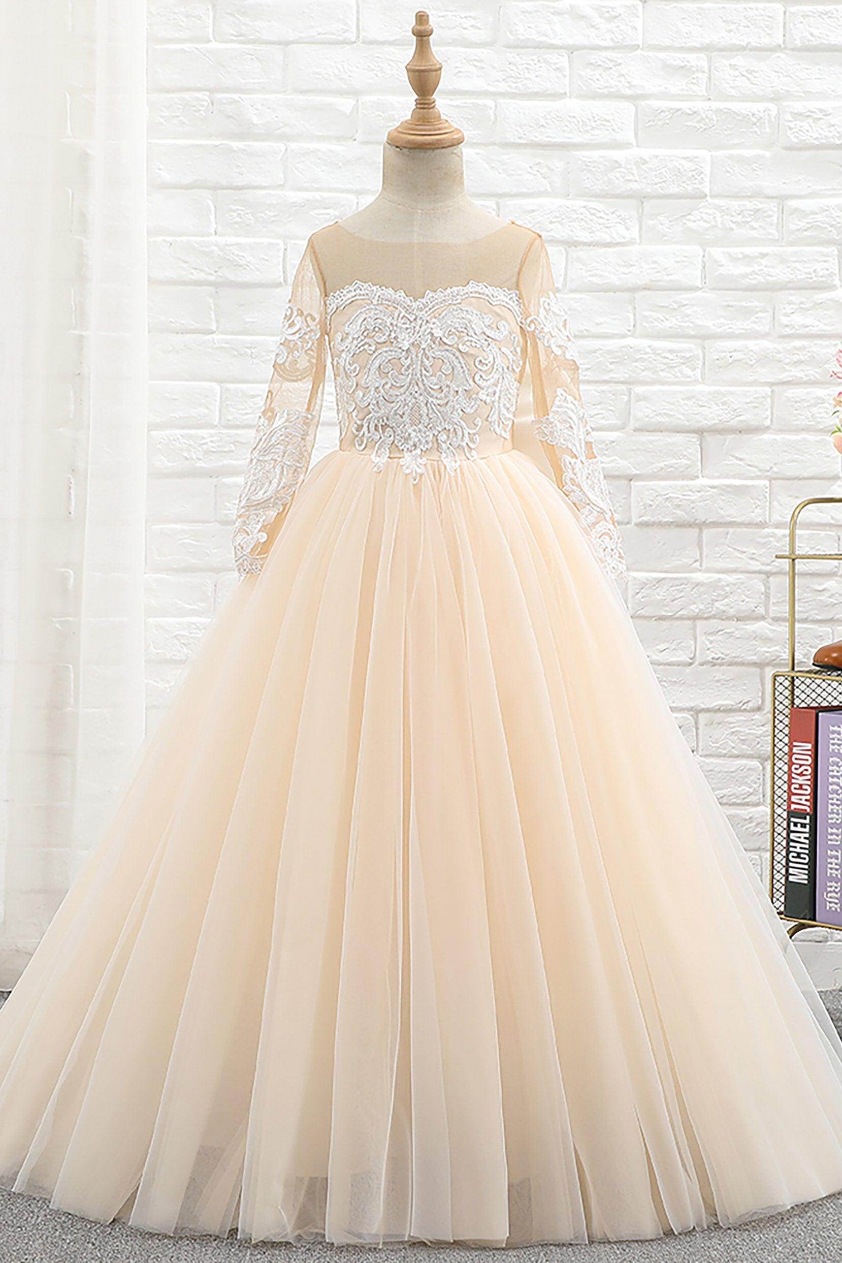 A-Line Floor Length Tulle Lace Flower Girl Dress CF0303 - COCOMELODY