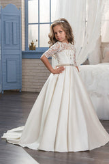 A-Line Floor Length Satin Lace Flower Girl Dress CF0320 - COCOMELODY