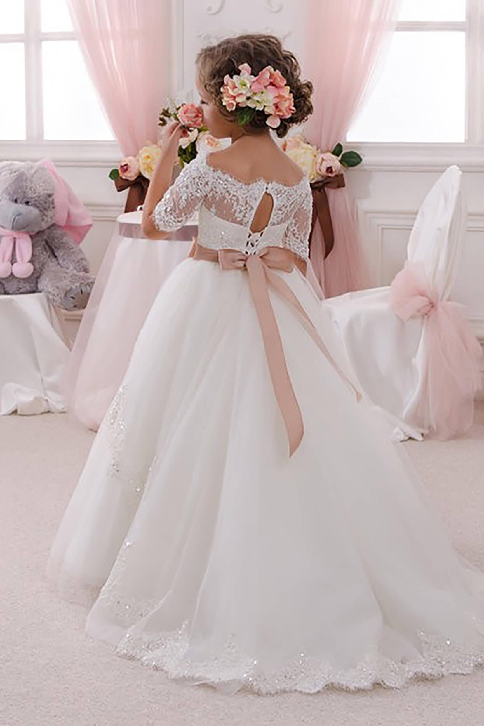 A-Line Floor Length Tulle Lace Flower Girl Dress CF0333 - COCOMELODY