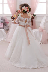 A-Line Floor Length Tulle Lace Flower Girl Dress CF0333 - COCOMELODY