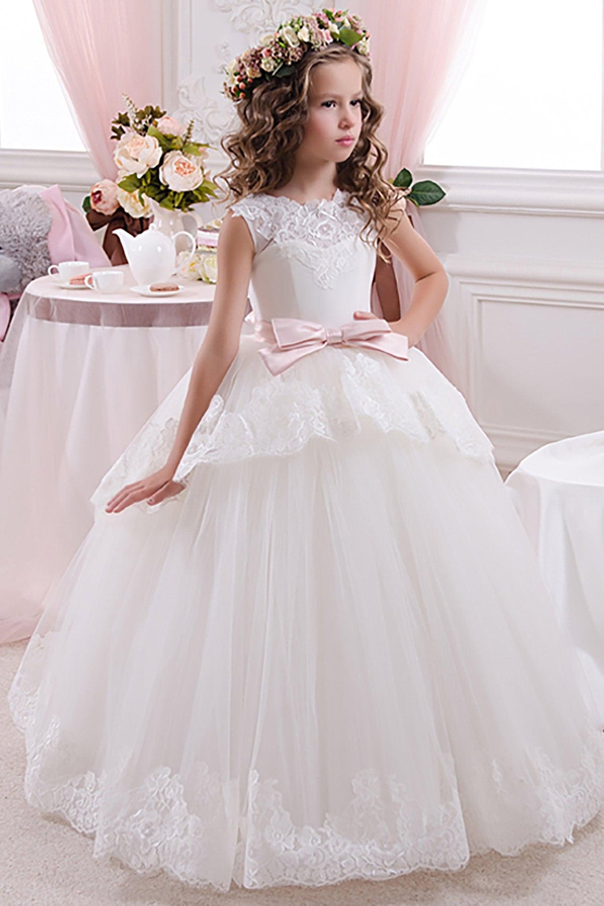 A-Line Floor Length Tulle Lace Flower Girl Dress CF0341 - COCOMELODY