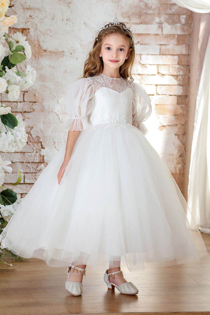 A-Line Midi Tulle Lace Flower Girl Dress CF0351 - COCOMELODY