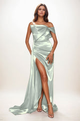 Trumpet-Mermaid Sweep-Brush Train Luxe Satin Wedding Guest Dress CG0293
