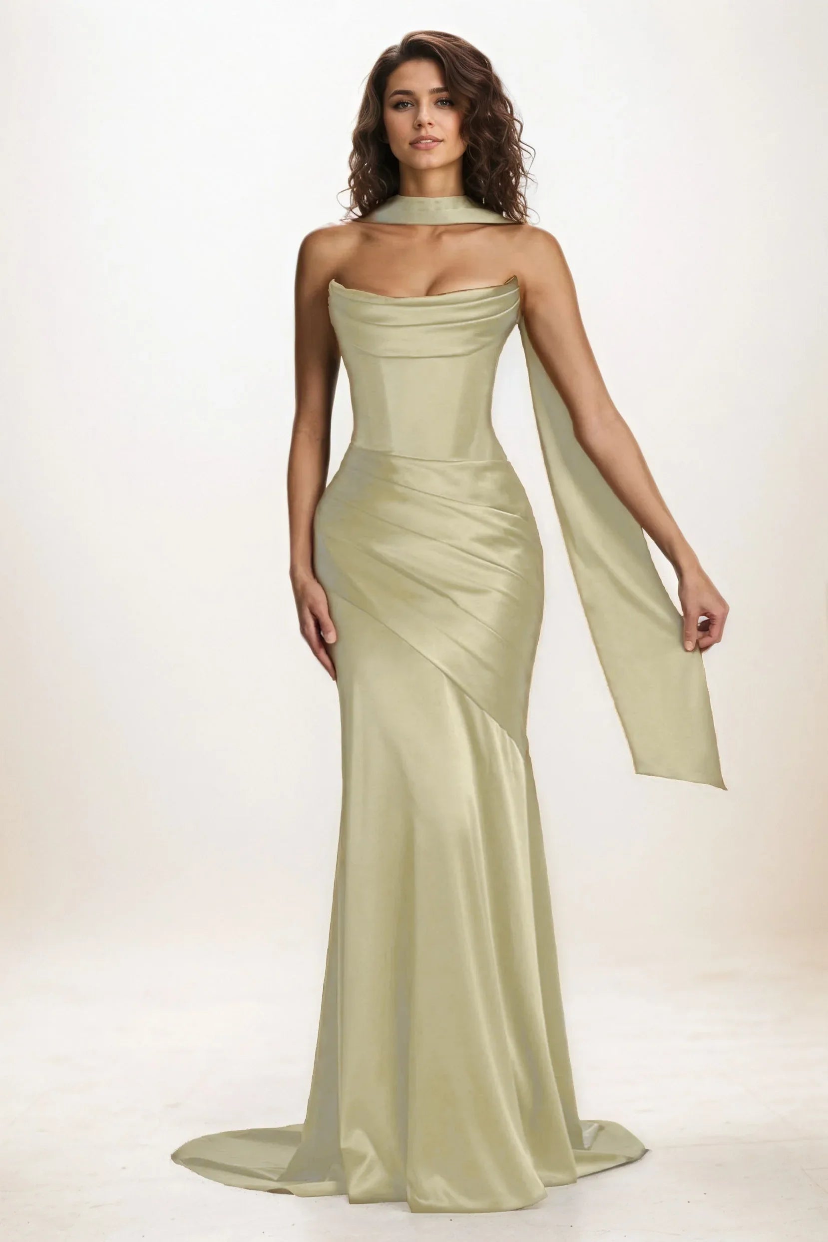 Trumpet-Mermaid Sweep-Brush Train Luxe Satin Wedding Guest Dress CG0301 - COCOMELODY