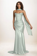 Trumpet-Mermaid Sweep-Brush Train Luxe Satin Wedding Guest Dress CG0301
