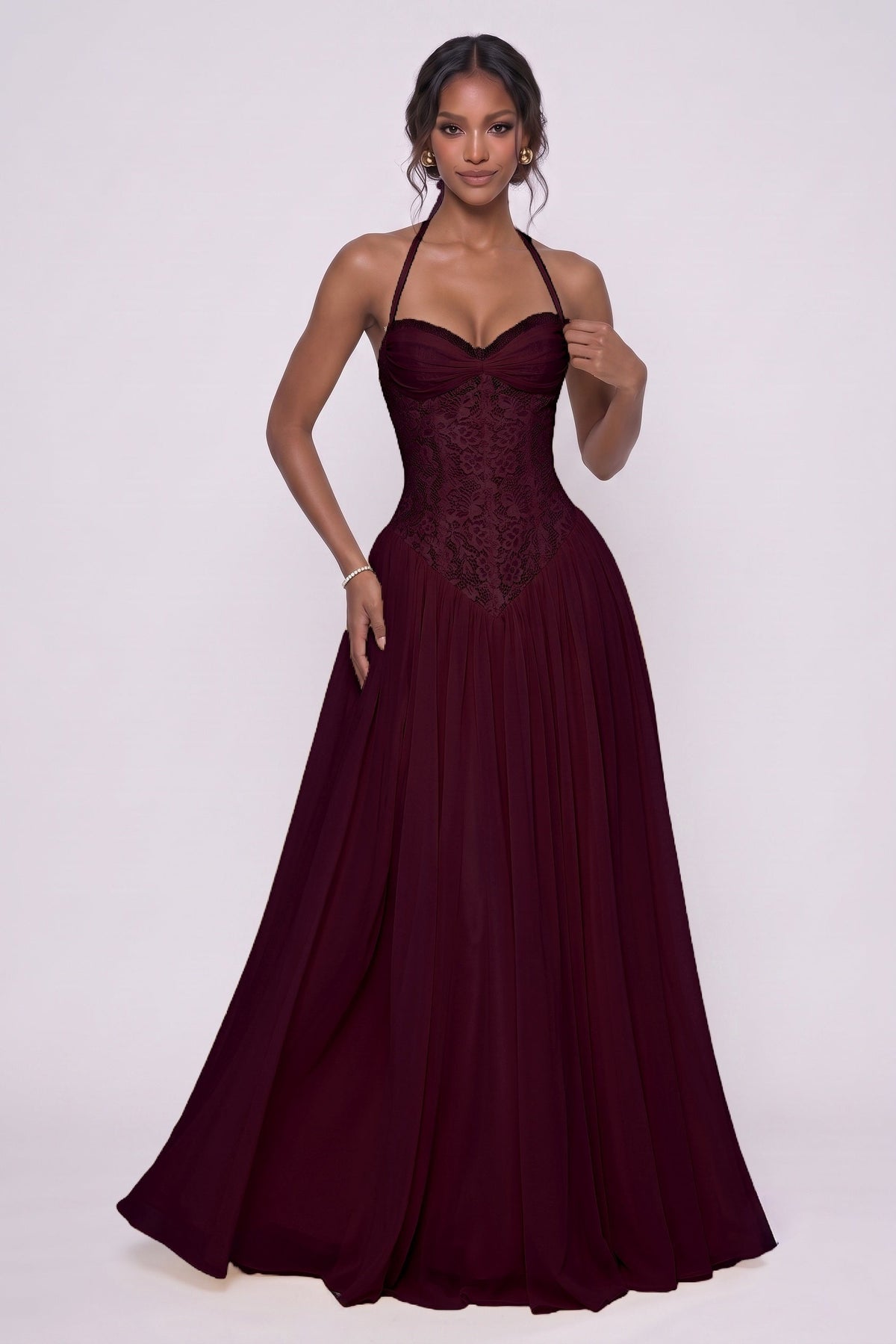 A-Line Floor-length Chiffon Lace Bridesmaid Dress CG0337BM