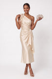 Sheath-Column Tea Length Stretch Satin Wedding Guest Dress CG0349