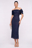 Sheath-Column Tea Length Satin Lace Wedding Guest Dress CG0354