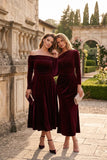 A-Line Tea Length Velvet Wedding Guest Dress CG0371