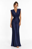Sheath-Column Floor Length Stretch Satin Wedding Guest Dress CG0385 - Dark Navy - COCOMELODY