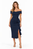 Sheath-Column Tea Length Elastic Cloth Wedding Guest Dress CG0387 - Dark Navy - COCOMELODY
