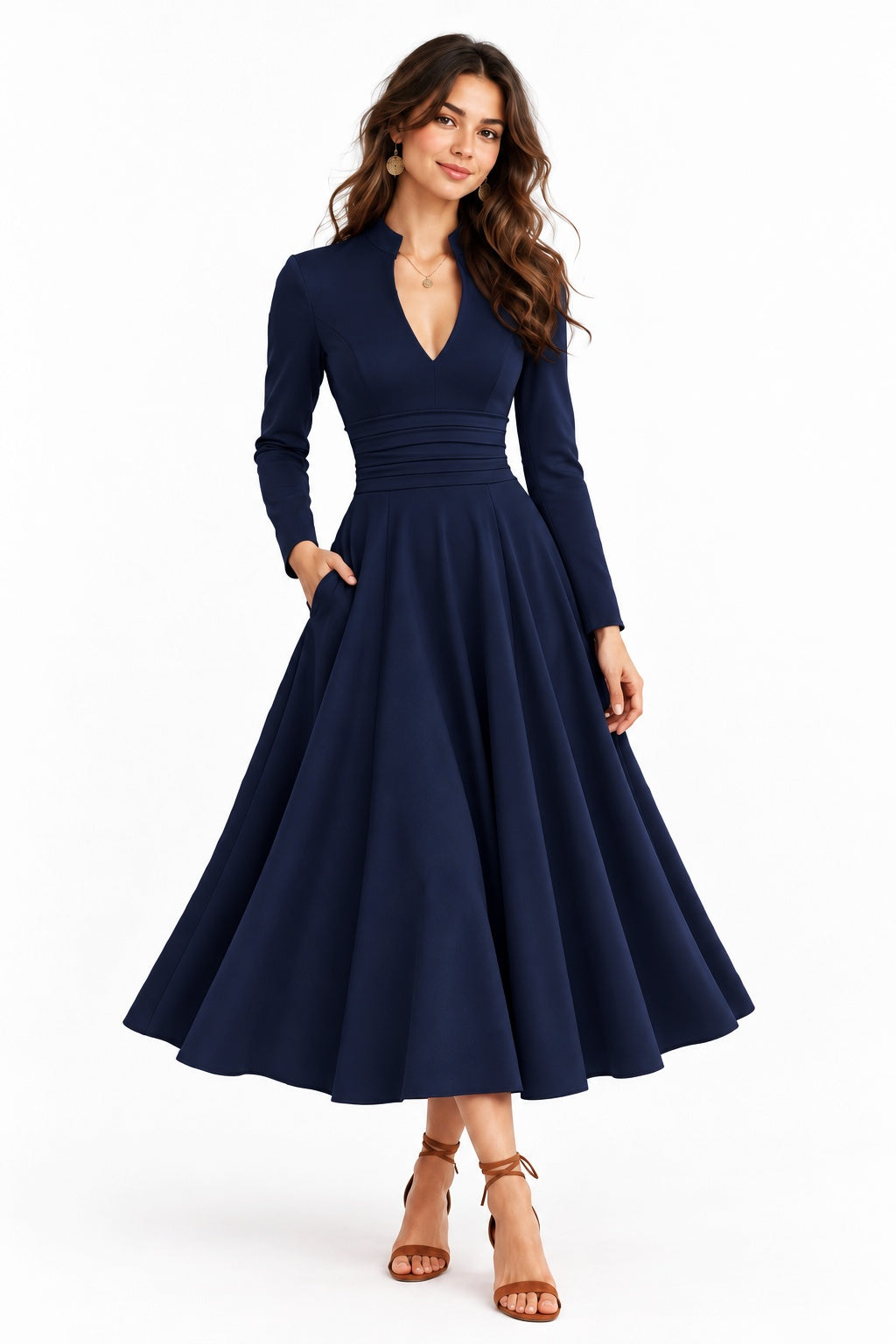 A-Line Tea Length Elastic Cloth Wedding Guest Dress CG0389 - Dark Navy - COCOMELODY
