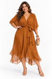 Asymmetrical Tea Length Chiffon Wedding Guest Dress CG0390 - Burnt Orange - COCOMELODY
