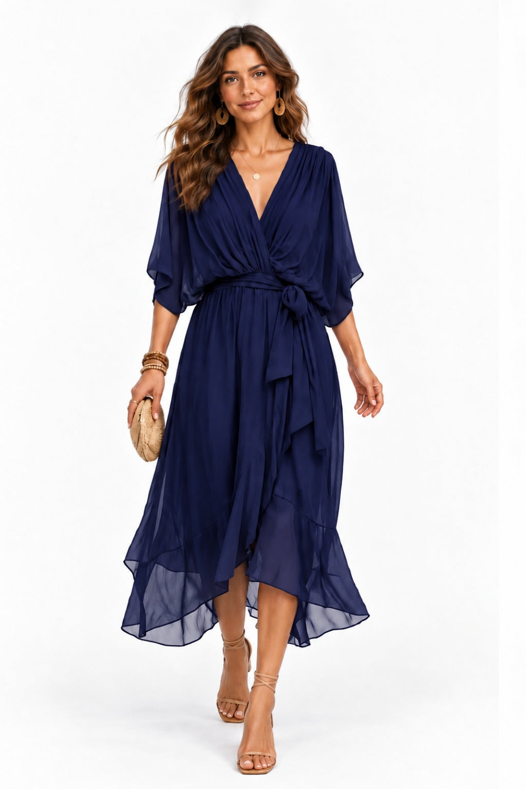 Asymmetrical Tea Length Chiffon Wedding Guest Dress CG0390 - Dark Navy - COCOMELODY