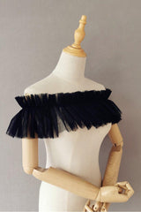 Black Tulle Wedding Shawl with Pleating CJ0098 - COCOMELODY