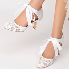 Chunky Heel 6.5cm Silk-Like Lace Shoes CK0293 - COCOMELODY