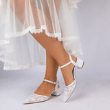 Block Heel 4.5cm Lace Silk-Like Pearl Embroidered Mesh Shoes CK0490