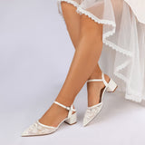 Block Heel 4.5cm Lace Silk-Like Pearl Embroidered Mesh Shoes CK0490