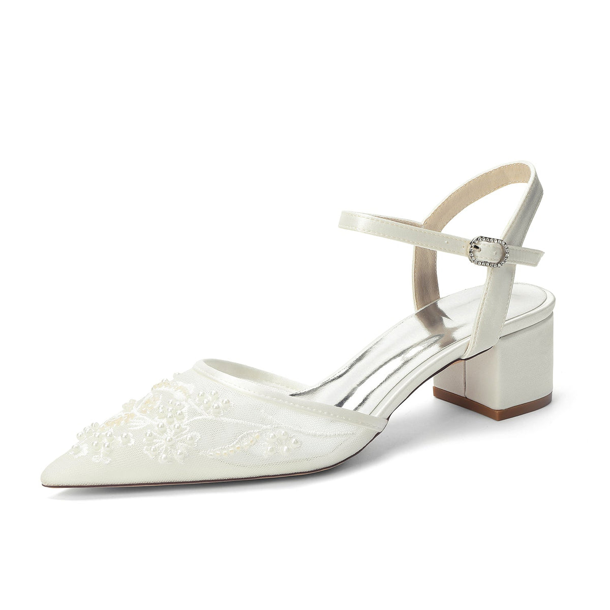 Block Heel 4.5cm Lace Silk-Like Pearl Embroidered Mesh Shoes CK0490