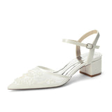 Block Heel 4.5cm Lace Silk-Like Pearl Embroidered Mesh Shoes CK0490