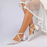 Block Heel 4.5cm Lace Silk-Like Pearl Embroidered Mesh Shoes CK0491