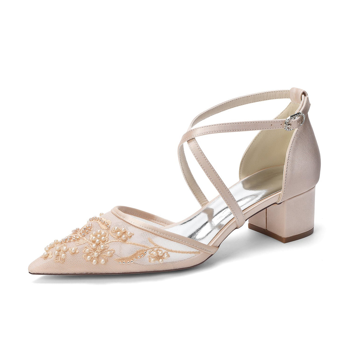 Block Heel 4.5cm Lace Silk-Like Pearl Embroidered Mesh Shoes CK0491
