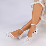 Block Heel 4.5cm Lace Silk-Like Pearl Embroidered Mesh Shoes CK0492
