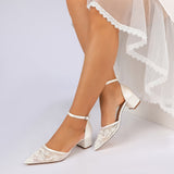 Block Heel 4.5cm Lace Silk-Like Pearl Embroidered Mesh Shoes CK0492