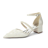 Block Heel 4.5cm Lace Silk-Like Pearl Embroidered Mesh Shoes CK0493