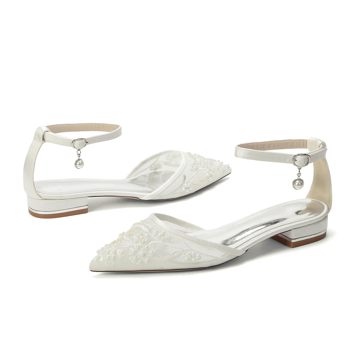 Lace Silk-Like Pearl Embroidered Mesh Flat Shoes CK0498