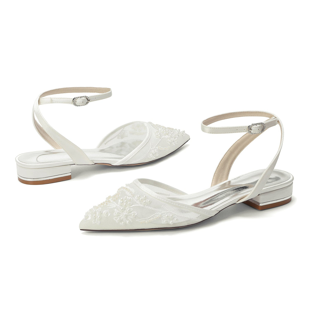 Lace Silk-Like Pearl Embroidered Mesh Flat Shoes CK0499