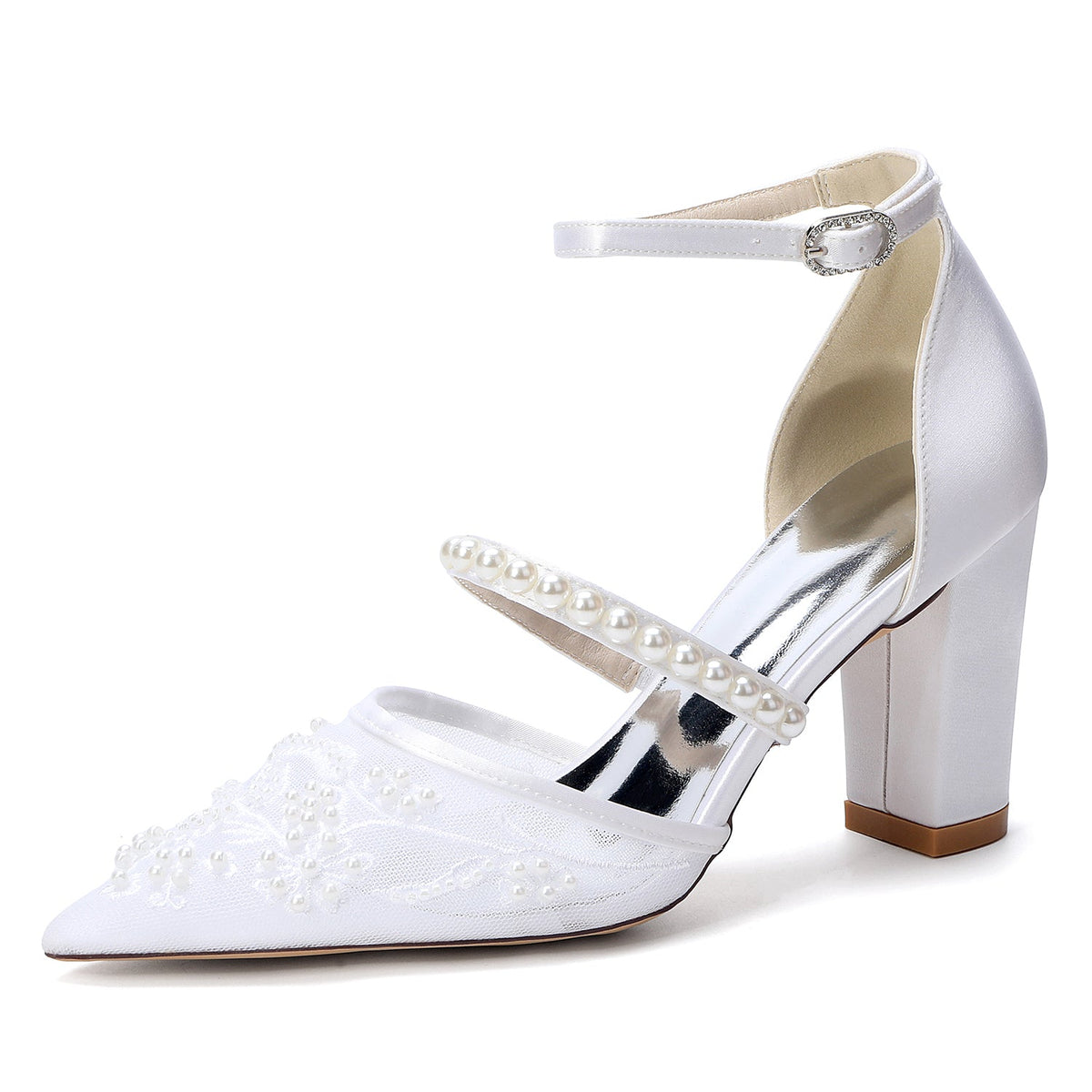 Chunky Heel 8.5cm Lace Silk-Like Pearl Embroidered Mesh Shoes CK0500