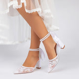 Chunky Heel 8.5cm Lace Silk-Like Pearl Embroidered Mesh Shoes CK0501