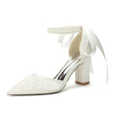 Chunky Heel 8.5cm Lace Silk-Like Pearl Embroidered Mesh Shoes CK0501